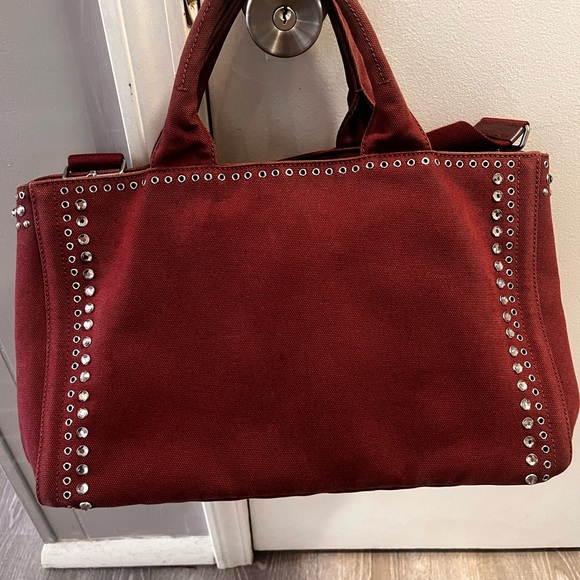 PRADA burgundy tote denim material. Strap for crossbody. Silver studs. - Picture 4 of 12